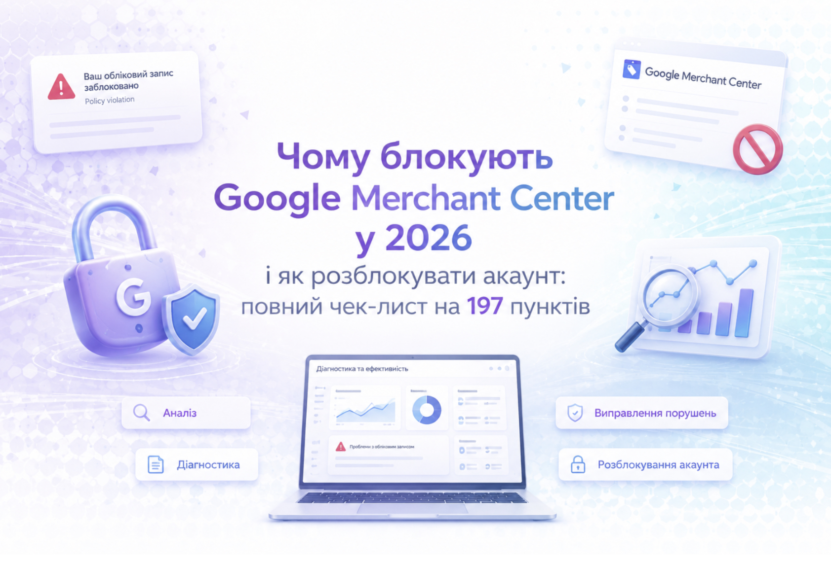 Чому блокують Google Merchant Center у 2026 і як розблокувати акаунт: повний чек-лист на 197 пунктів